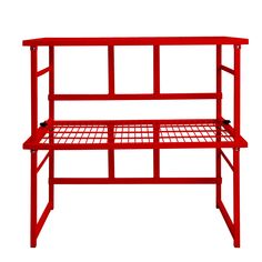 a red metal bunk bed frame with two rails on the bottom and one shelf below