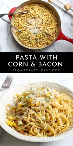 pasta with corn and bacon in a skillet on a marble counter top, next to a