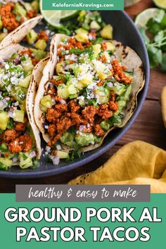 ground pork and avocado tacos in a skillet with text overlay