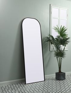 a large mirror sitting next to a potted plant on top of a tiled floor