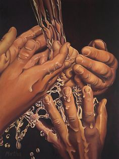 a painting of two hands holding each other with water dripping from their palms and fingers