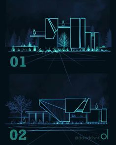 two different views of the same building at night and in the dark with blue lights