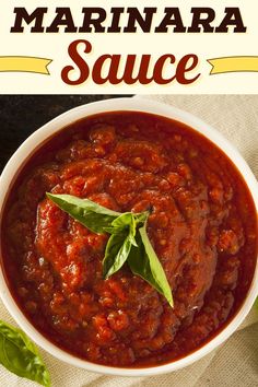 a bowl of marinara sauce with basil leaves on top and the title above it reads marinara sauce