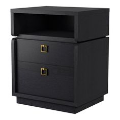 a black night stand with two drawers on each side and one drawer open to show the contents