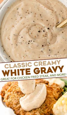 a white gravy is being served in a bowl