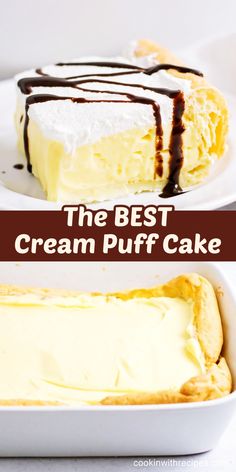 the best cream puff cake is in a white dish with chocolate drizzle on top