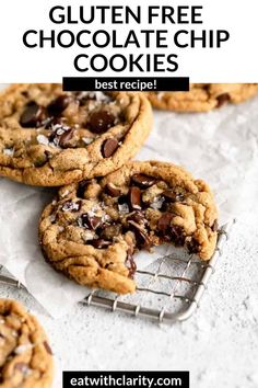 gluten free chocolate chip cookies on a cooling rack with text overlay that says gluten free chocolate chip cookies best recipe