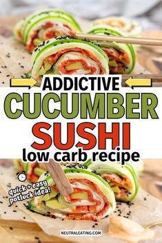 cucumber sushi with chopsticks on the side and text overlay