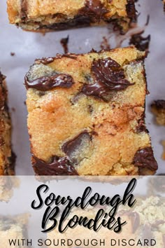 chocolate chip cookie bars with sourdough blondies on top and text overlay