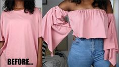 the before and after photos show how to wear off - shoulder tops with high waist jeans