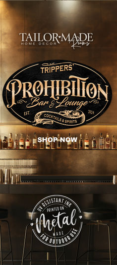 Prohibition Speakeasy Sign Decor on black textured oval that says Prohibition Barn and Lounge Prohibition Decor, Speakeasy Sign, Speakeasy Decor Bar, Prohibition Bar, Barn Office, Cozy White Cottage, Speakeasy Decor, Theater Room Decor, Movie Theater Rooms