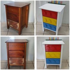 four different pictures of the same side table made out of legos and wooden blocks