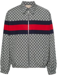 Cotton jacket by GUCCI characterized by GG print in shades of blue, Web stripe, shirt collar and zip closure. This item is in size 48 and the color is Gucci Clothes, Gucci Jacket, Balenciaga Triple S, Nike Air Max 97, Print Jacket, Patek Philippe, Workout Jacket, Audemars Piguet, Mens Outerwear