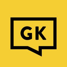 a black and yellow speech bubble with the letter gk in it's center