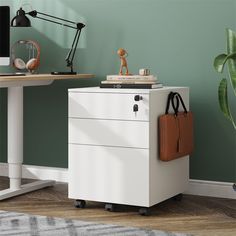 a white filing cabinet sitting next to a desk with a brown bag on top of it