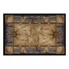 an area rug with shells and ships on the bottom, along with other marine themed items