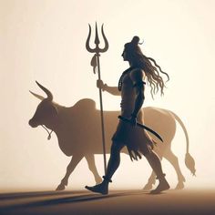 a man with long hair is walking next to a horned animal and holding a spear