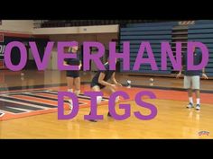 two girls are playing basketball in a gym with the words, overhand digs