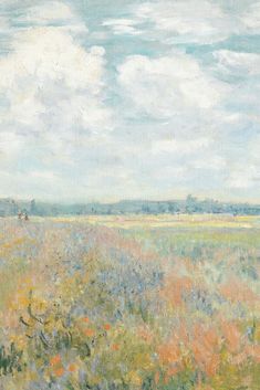 an oil painting of a field with grass and flowers in the foreground, clouds above