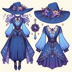 a blue dress and hat with flowers on it