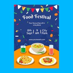 a poster for a food festival with plates of food and drinks on the table in front of it