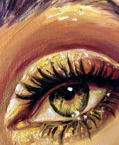 an eye with long lashes and yellow eyeshade, painted in oil on canvas