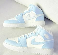 Custom Air Jordan 1 Mid Baby Blue - shecustomize Custom Air Jordan 1, Custom Jordans, Nike Shoes Girls, Blue Jordans, Preppy Shoes, All Nike Shoes, Cute Nike Shoes, Cute Nikes, Swag Shoes