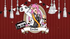 an anime character with pink hair holding a boombox in front of some tassels