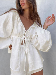 Cotton & Linen Cowgirl Melody Two Piece Shorts Set - AnotherChill Linen White Outfit, Linen Party Outfit, Linen Two Piece, Linen Tops Women Summer Outfits, Cute Sets Outfits, Linen Set Women, Linen Set Outfit, White Linen Set, Linen Two Piece Set