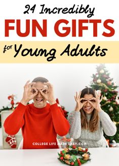 two people sitting at a table with christmas decorations in front of them and the words, fun gifts for young adults