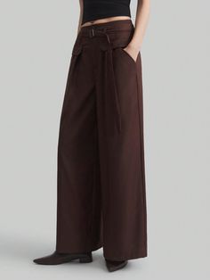 Vintage Urban Style Wide Leg Pants, High Waist With Belt & Flap Pocket Design, Brown, Spring/Summer For Women Brown Casual   Woven Fabric Plain Wide Leg Non-Stretch All Women Clothing, size features are:Bust: ,Length: ,Sleeve Length: Commuter Style, Rave Festival Outfits, Trousers Women Wide Leg, Summer Festival Outfit, Fall Attire, Style Wide Leg Pants, Summer Crop Tops, My Style Fashion, Pantalon Large