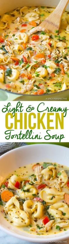 a bowl of chicken tortellini soup with a wooden spoon in it and the title