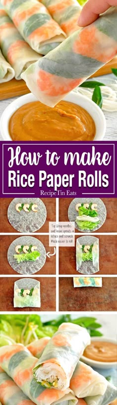 how to make rice paper rolls with vegetables and dipping sauce in the bowl on top