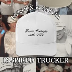 Lunden & Olivia Wedding Inspired Trucker Hat // EMBROIDERED White Wedding Hat // Wedding Merch, Favors // Bachelorette Gift - Etsy Wedding Snapback Trucker Hat, Custom Adjustable Wedding Hats, Adjustable Trucker Hat For Wedding, Personalized Adjustable Hats For Wedding, Personalized White Wedding Hat, White Fitted Snapback Hat With Curved Brim, Fitted Cap For Wedding, Fitted White Trucker Hat, Fitted Cap Mini Hat For Wedding