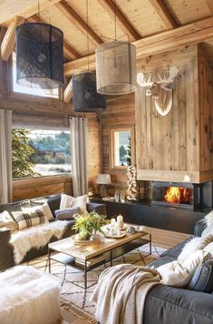 a living room filled with furniture and a fire place in the middle of a room