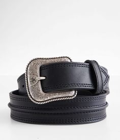 Ariat Leather Belt - Black 36, Men's Black Embroidered leather belt. Due to the nature of leather/suede, small variances of color in the skin may occur, this is in no way considered a defect. These are inherent characteristics of leather/suede and will enhance the individual look of your garment.. Genuine Leather.. MEN'S BELT SIZE CONVERSION CHART Waist (size) 28-30 32-34 36-38 40-42 44-46 Belt Length 30-32 34-36 38-40 42 44 Belt Size S M L XL XXL *Conversion sizes may vary.*Belt size is convert Black Leather Embroidered Belt Buckles, Western Leather Belts For Formal Occasions, Western Style Leather Belt For Formal Wear, Western Black Embroidered Belt, Black Western Style Embroidered Belt, Black Western Belt, Belt For Men, Men's Belts, Belt Length