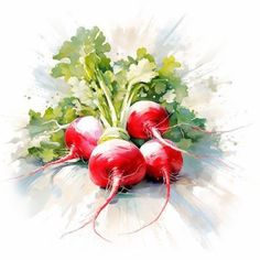 watercolor painting of radishes with green leaves on white background, digital art work