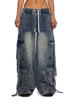 base|blue Dolls Kill Outfits, Wide Leg Cargo Pants, Halloween Fashion, Washed Denim, Drawstring Waistband, Y2k Fashion, Dolls Kill, Tank Dress, Exclusive Collection