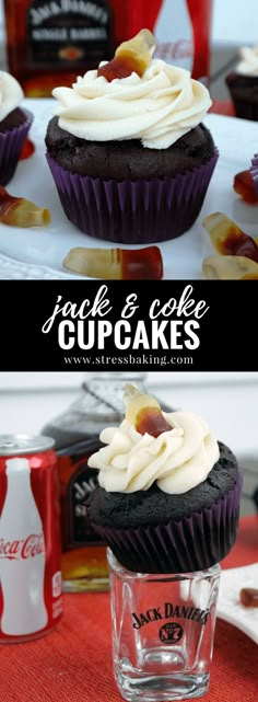 cupcakes with white frosting and chocolate icing are on a plate next to coca - cola cans