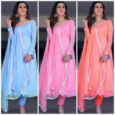 Wedding Sky Blue, Sky Blue Gown, Georgette Salwar Suit, Suit With Dupatta, Blouse Back Neck, Gown Floral, Georgette Gown, Lehenga Designs Simple