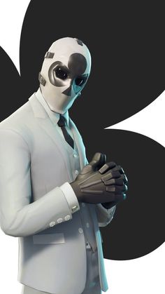 a man in a suit and mask holding a pair of gloves with the letter b on it