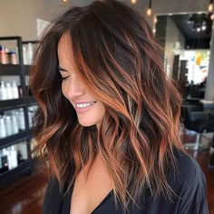 Auburn Hair Color For Brunettes, Edgy But Professional Hair Color, Brown Into Red Bayalage, Autumn Hair For Brunettes, Fall Brown Hair Highlights, Fall Colored Hair Brunette, Red Tint Balayage Hair, Fall Hair Colors Cinnamon, Fashion Color Highlights Brunette