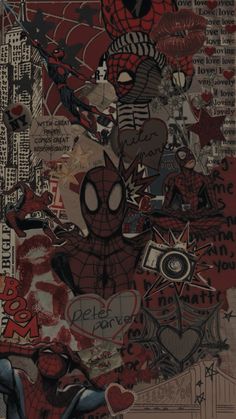 a collage of spider - man and other comic characters with graffiti all over them