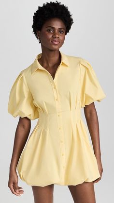 SIMKHAI Cleo Balloon Pintuck Mini Dress | Shopbop Balloon Dress, Yellow Mini Dress, Cotton Poplin Dress, Bubble Hem, Pleated Mini Dress, Poplin Dress, Pin Tucks, Poplin Fabric, Puff Sleeves