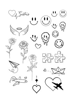 some drawings that are drawn on paper and have hearts, flowers, birds, and other things