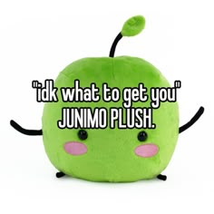 a green stuffed animal with the words tik what to get you jumbo plush