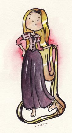 a watercolor and ink drawing of a woman with long blonde hair wearing a purple dress