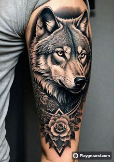 a man's arm with a wolf and roses tattoo on the left side of his arm