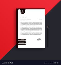 a letterhead with a pencil on top of it next to a red and black background