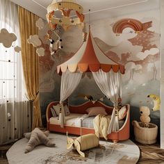 a child's bedroom with a canopy bed and curtains